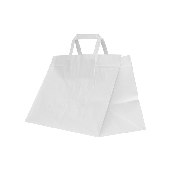 Sacosa cu maner interior Alb, din Hartie Kraft Albit Netiparita, dimensiuni 32x21x24 cm, set 150 bucati