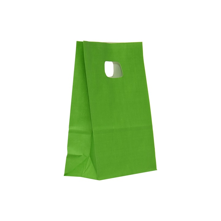 Set sacosa cu maner decupat Verde, din hartie Kraft Albit, dimensiuni 14x7x21 cm, set 250 bucati, Punga Cadou