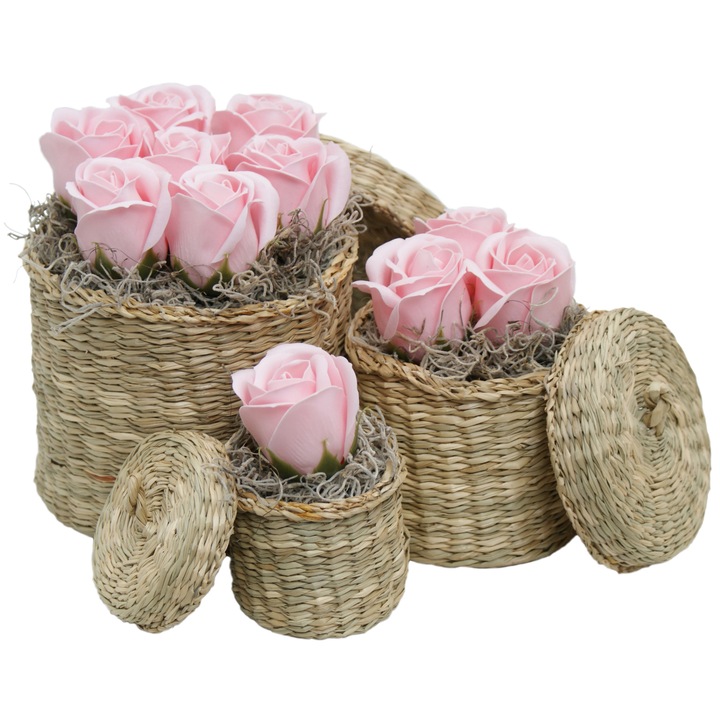 Aranjament cu flori sapun BeatrixArt, Imbratisarea trandafirilor roz, set 3 cutii
