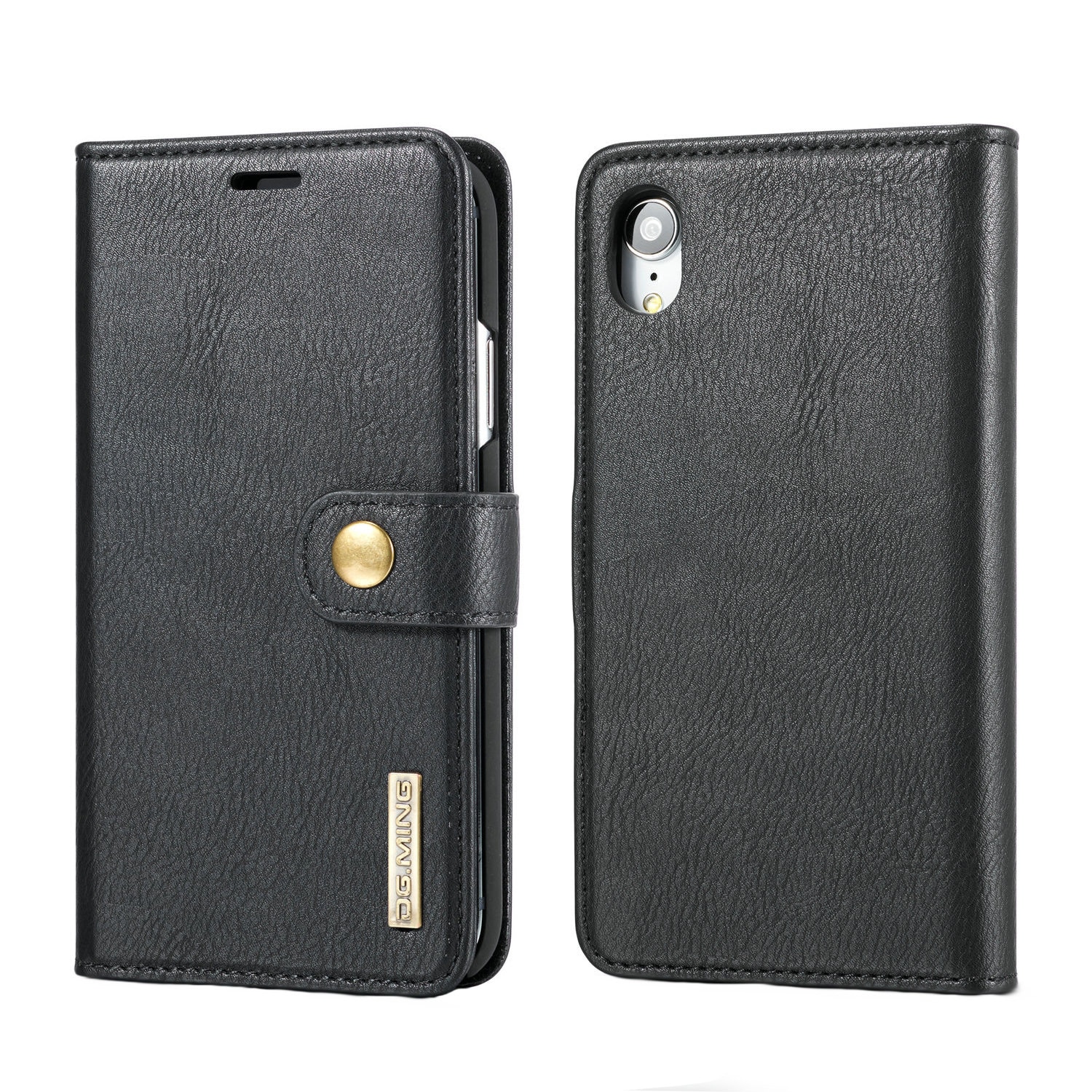 Husa iPhone XR, CaseMe, piele, 2 in 1, protectie superioara, inchidere cu capsa magnetica, tip portofel, back cover, stand, Negru
