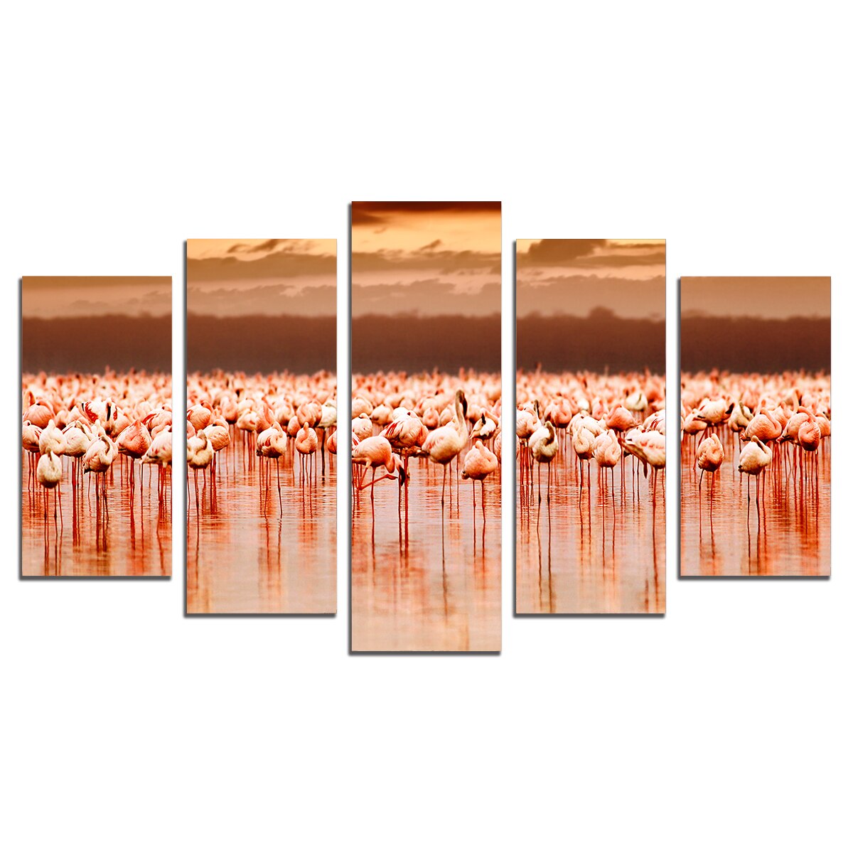 Set Tablouri Multicanvas 5 Piese, Flamingos la apus de soare , 108х60 cm