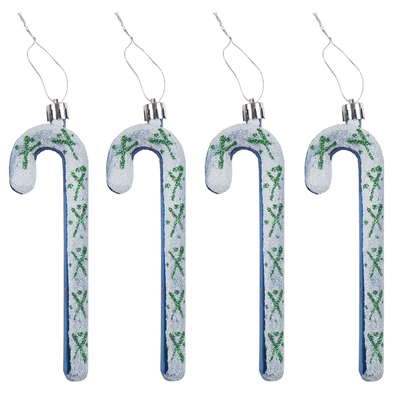 Set globuri Holly, model 4 bastonase cu fulgi, albastru/alb 12 cm