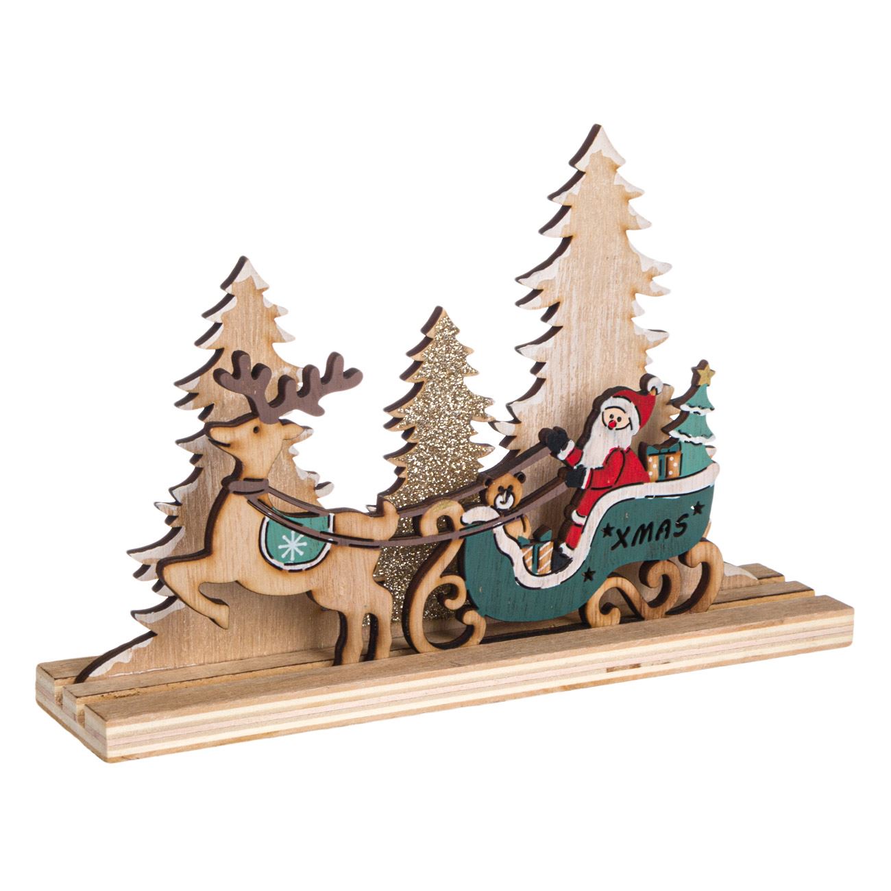 Figurina decorativa, Zola®, din lemn, pentru sarbatori, model cu braduti si Mos Craciun, 23x5x16 cm