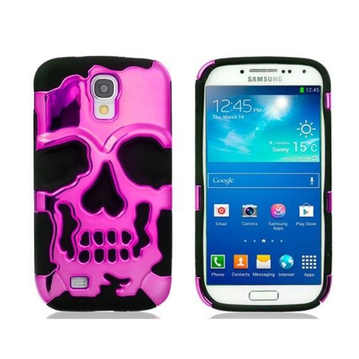 Протектор AT за Samsung Galaxy S4, силиконов, case, черен с розов череп