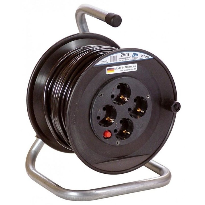 Cablu prelungitor bobina cu 4 prize, AS Schwabe, 40m, Negru