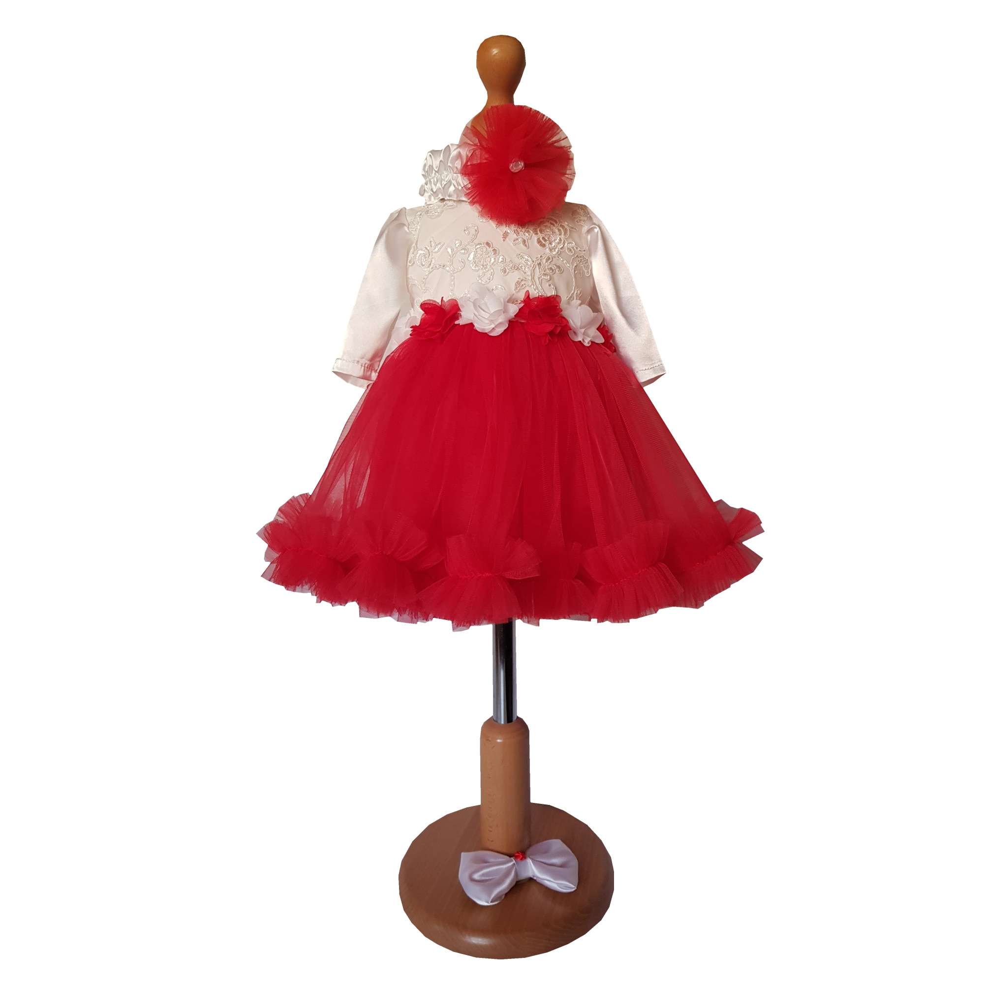 Rochie botez Rosu / Alb cu maneca lunga , bentita si fundita detasabila , 9 - 12 luni