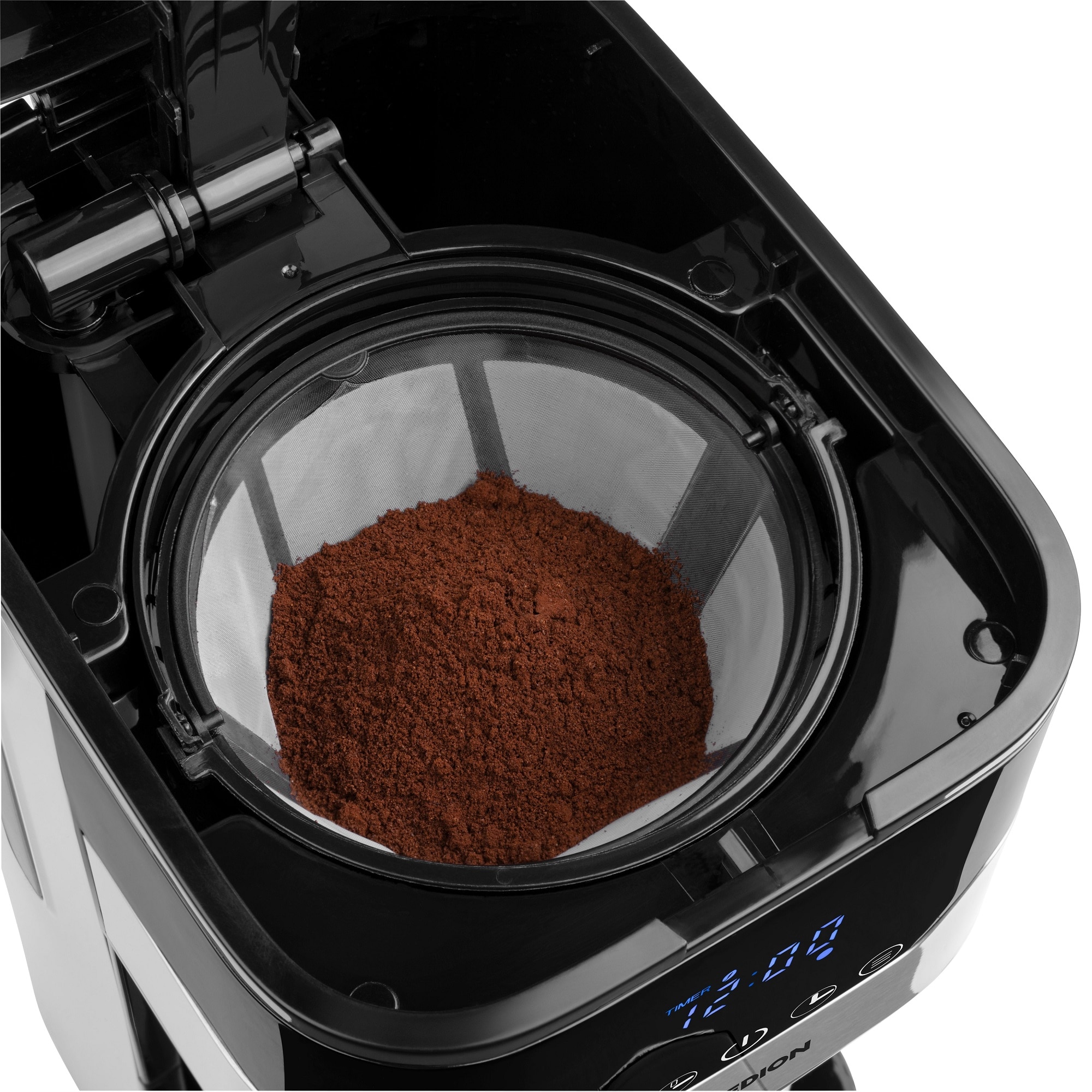 Aparat de cafea Schwarz, Medion, 900 W, 1.2 l, Display LED, Timer, Argintiu/Negru