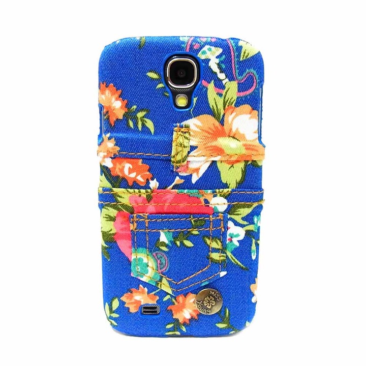 Протектор AT за Samsung Galaxy S4, пластмасов, case, син с цветя, имитация на дънков плат