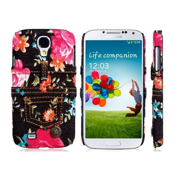 Протектор AT за Samsung Galaxy S4, пластмасов, case, черен с цветя, имитация на дънков плат