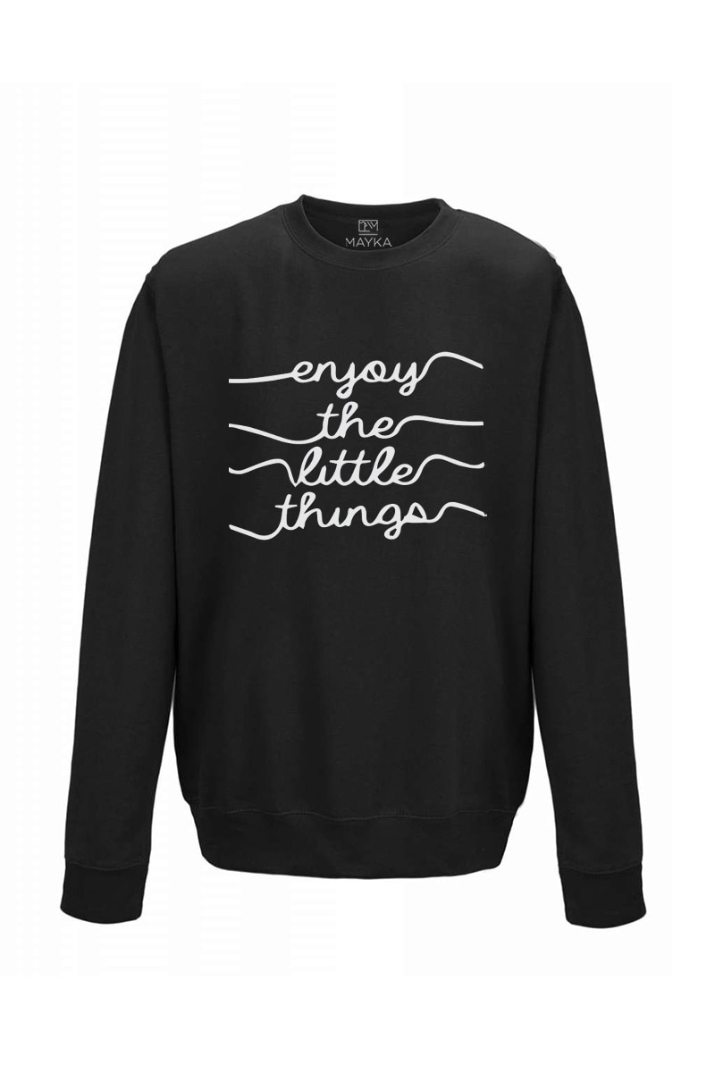 Pulover dama din bumbac 80%, poliester 20%, MAYKA, model ENJOY THE LITTLE THINGS, Negru