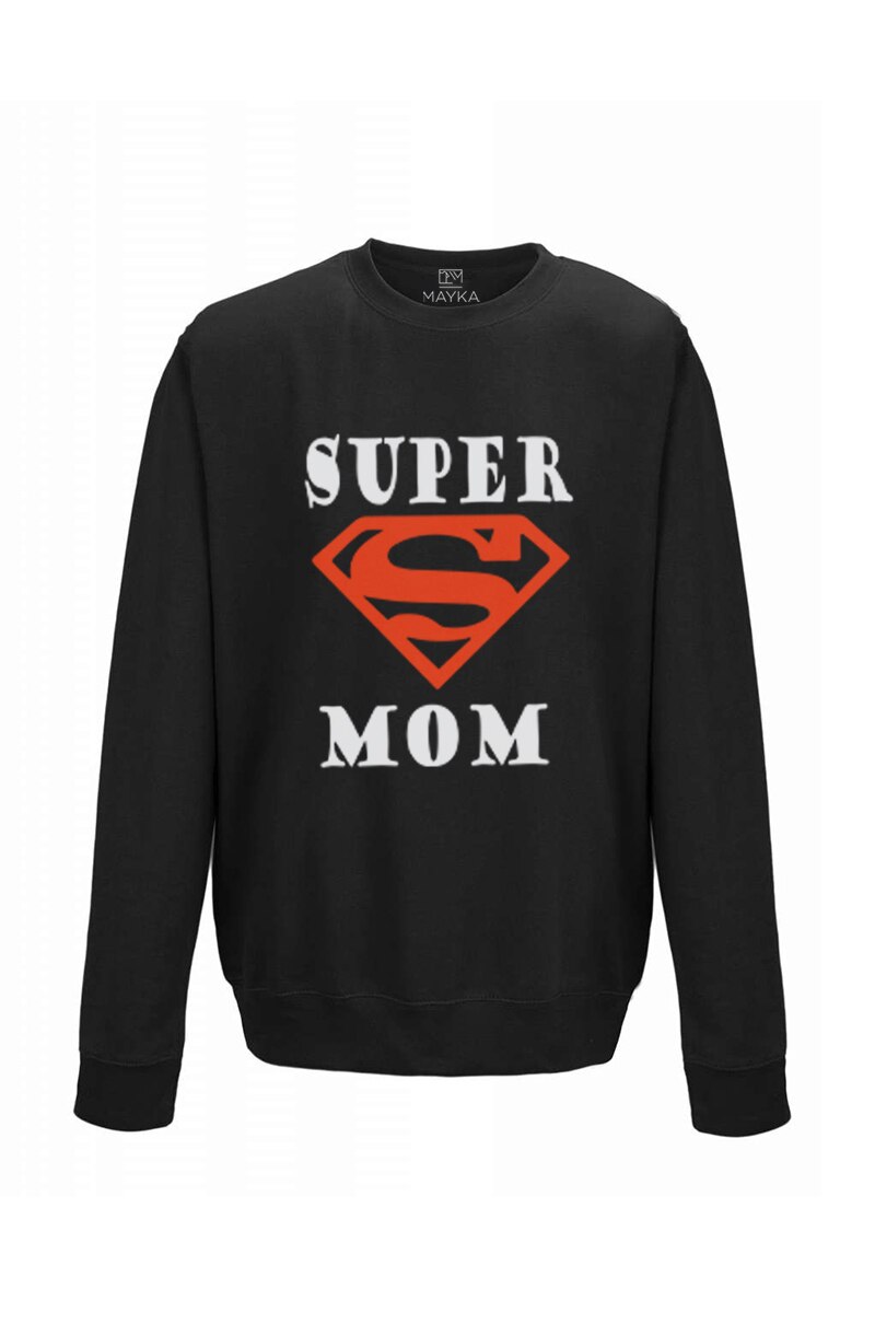Pulover dama din bumbac 80%, poliester 20%, MAYKA, model SUPER MOM, Negru