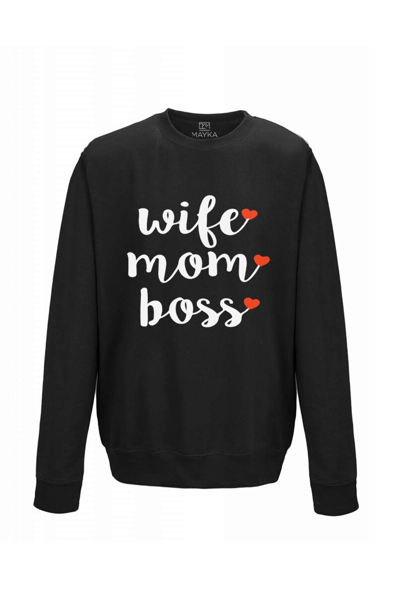 Pulover dama din bumbac 80%, poliester 20%, MAYKA, model WIFE MOM BOSS, Negru
