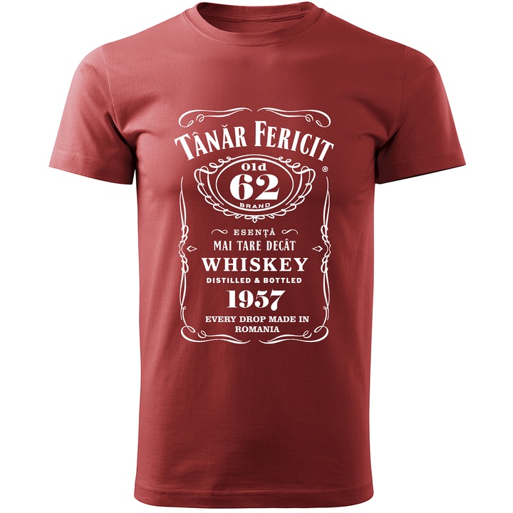 Tricou personalizat barbati, rosu TANAR FERICIT VARSTA 62 DE ANI NASCUT IN 1957 marime 2XL