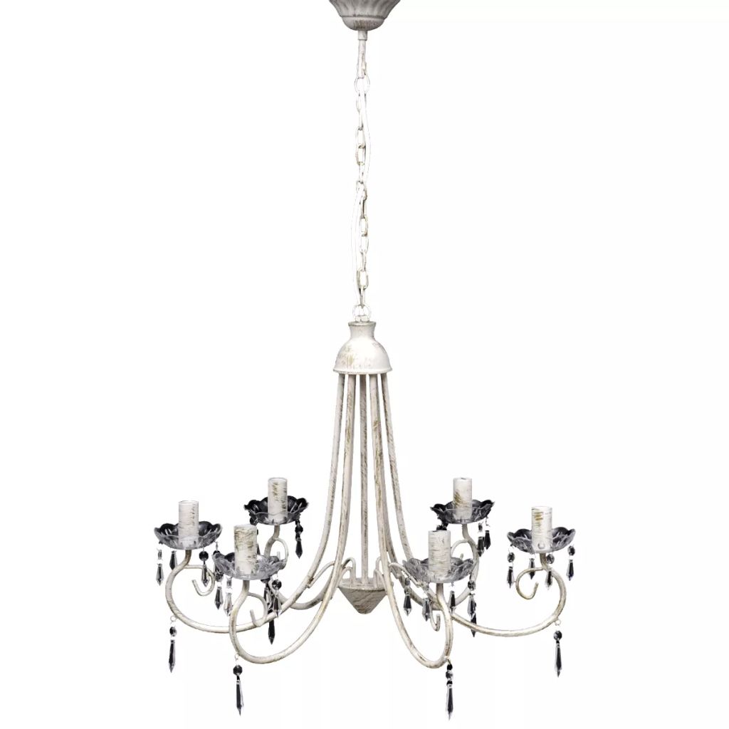 Candelabru cu cristale cu 6 baze de bec, vidaXL, Metal, 55.5 x 46 cm, Alb