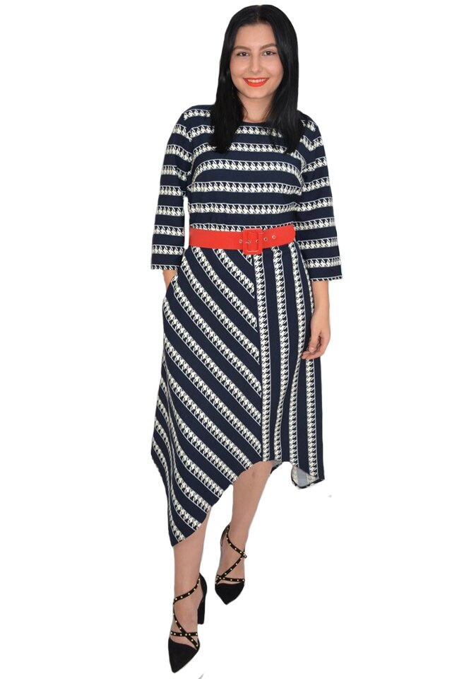 Rochie eleganta Zoey model cu dungi pepit si croi asimetric,D&J Exclussive, Bleumarin