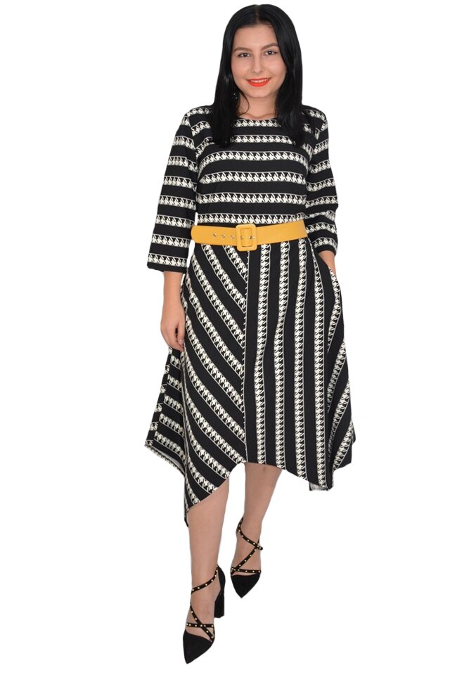Rochie eleganta Zoey model cu dungi pepit si croi asimetric,D&J Exclussive, Negru