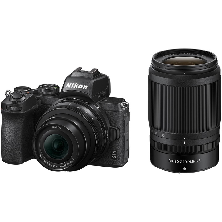 Aparat foto Mirrorless Nikon Z50, 20.9 MP , 4K , Wi-Fi + Obiectiv 16-50mm + Obiectiv 50-250mm, Negru