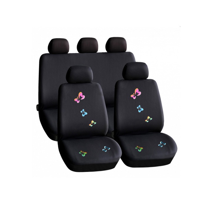 Комплект универсални калъфи за автомобилни седалки, черни/пеперуди, съвместими с въздушни възглавници, полиестер + 2 мм гъба