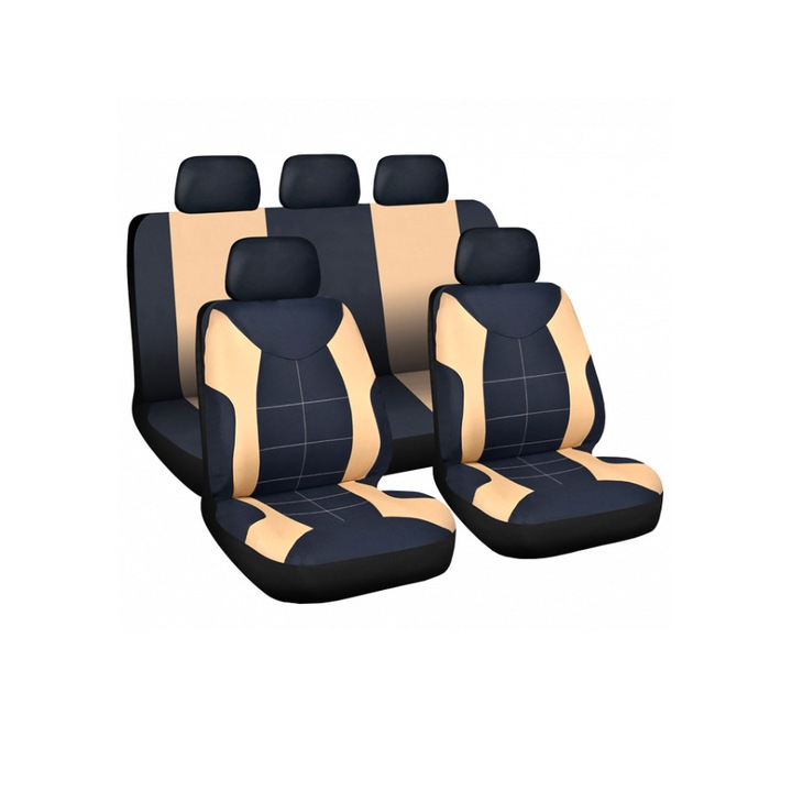 Комплект универсални калъфи за автомобилни седалки, черни+бежови, съвместими със седалки с въздушни възглавници, полиестер + 2 мм гъба