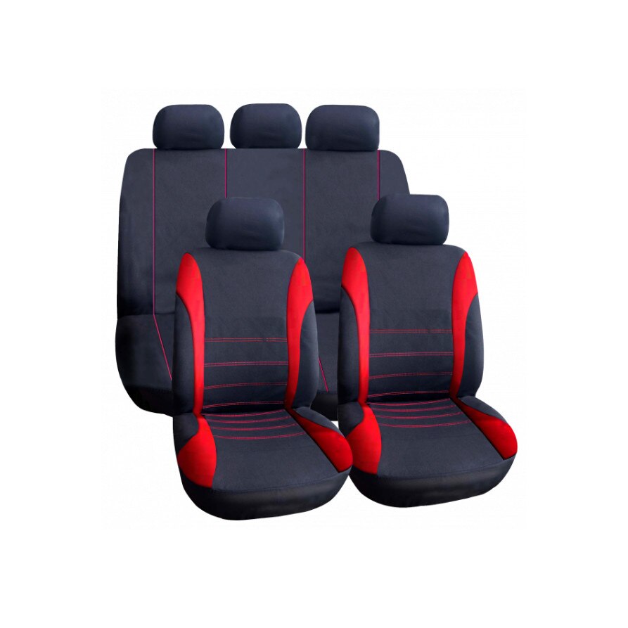 Set Huse Scaune Auto Universale, negru+rosu aprins, compatibil cu scaune cu airbag, polyester + burete 2mm