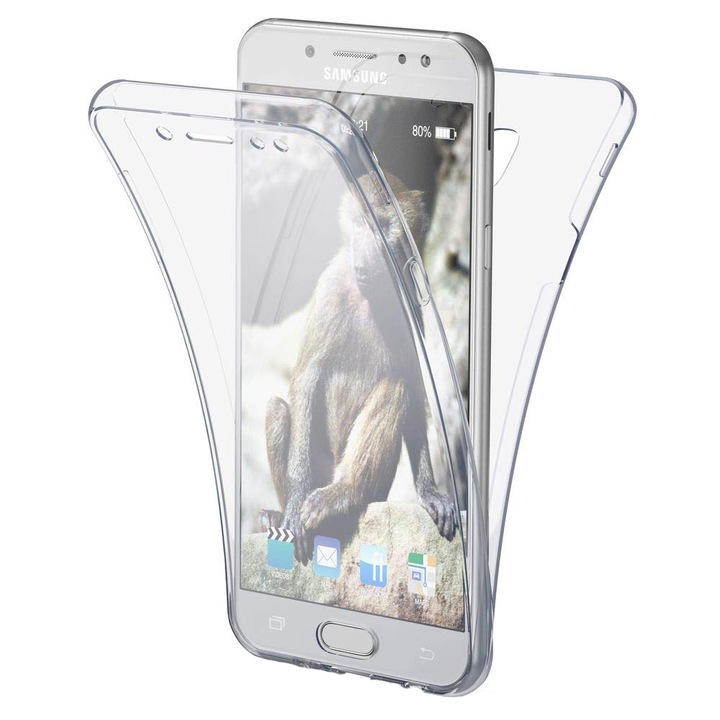 360 Hybrid Full Cover калъф, 2 в 1 (предна + задна защита), изработен от силикон и акрилно стъкло, Съвместим с Samsung Galaxy J7 2017, Прозрачен