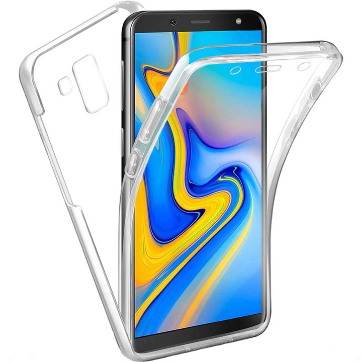 360 Hybrid Full Cover Case, 2 в 1 (предна + задна защита), изработен от силикон и акрилно стъкло, Съвместим с Samsung Galaxy A8 2018, Прозрачен