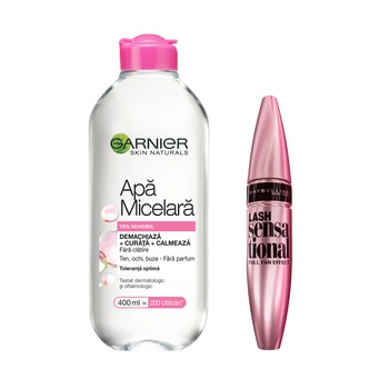 Pachet promo: Mascara Maybelline New York Lash Sensational Black 9.5 ml, Apa micelara Garnier Skin Naturals pentru ten sensibil, 400 ml Pachet promo: Mascara Maybelline New York Lash Sensational Black 9.5 ml, Apa micelara Garnier Skin Naturals pentru ten sensibil, 400 ml