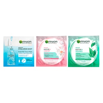 Pachet promo Garnier: Masca de fata Skin Naturals Fresh-Mix cu Acid Hialuronic 33 gr, Masca Servetel Moisture + Comfort cu musetel 32 g, Masca Servetel Moisture + Freshness cu ceai verde 32 g Pachet promo Garnier: Masca de fata Skin Naturals Fresh-Mix cu Acid Hialuronic 33 gr, Masca Servetel Moisture + Comfort cu musetel 32 g, Masca Servetel Moisture + Freshness cu ceai verde 32 g