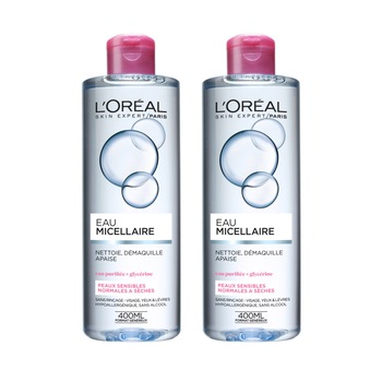 Pachet promo L'Oreal Paris: 2 x Apa micelara pentru piele sensibila, ten uscat, 400 ml Pachet promo L'Oreal Paris: 2 x Apa micelara pentru piele sensibila, ten uscat, 400 ml