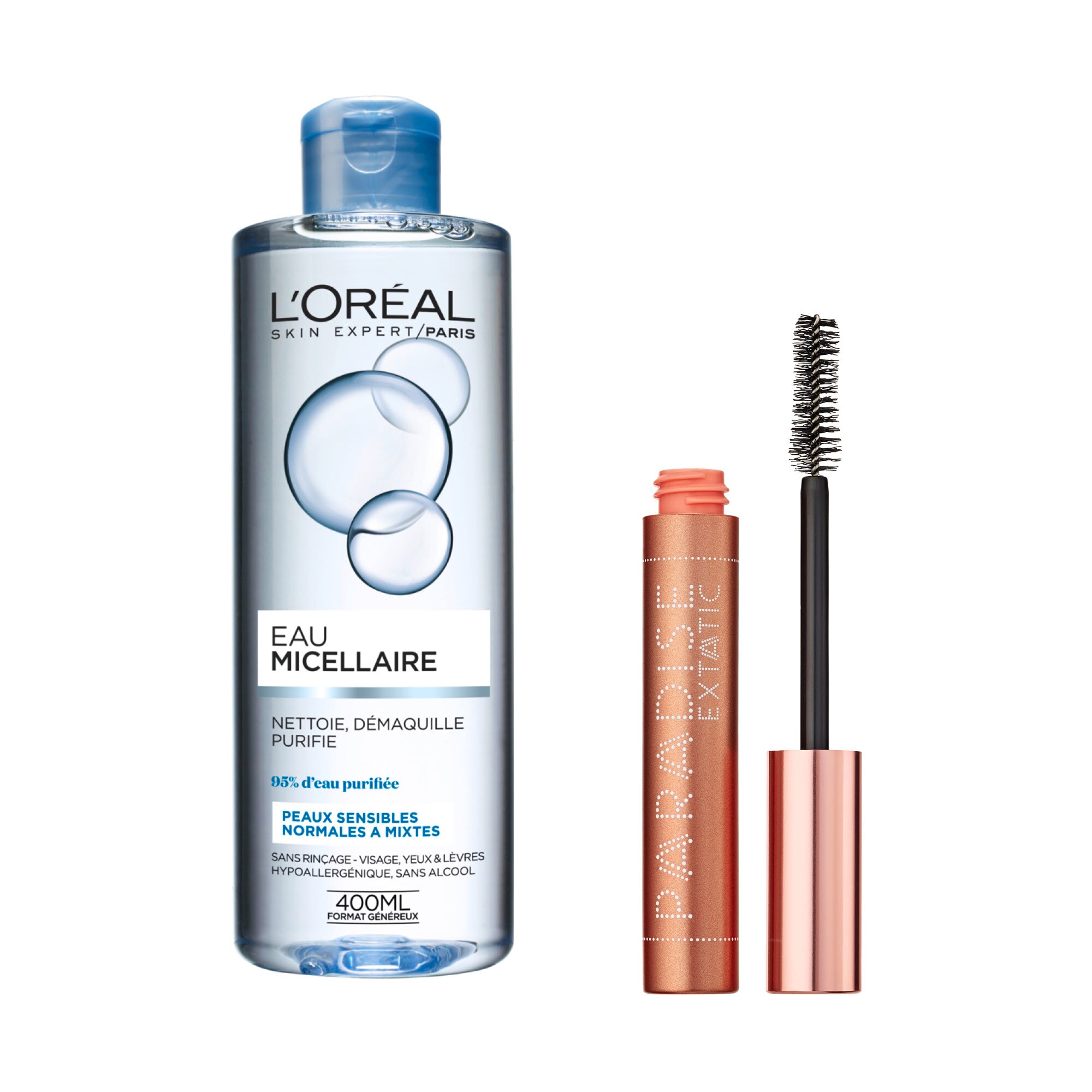 Pachet promo L'Oreal Paris: Mascara Paradise Extatic Black 6.4 ml, Apa micelara pentru piele sensibila, ten normal-mixt, 400 ml