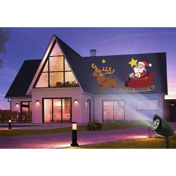 Proiector LED Exclusive Craciun, exterior / interior, 9W, multicolor, animatie Mos Craciun pe sania trasa de doi reni, in miscare Proiector LED Exclusive Craciun, exterior / interior, 9W, multicolor, animatie Mos Craciun pe sania trasa de doi reni, in miscare