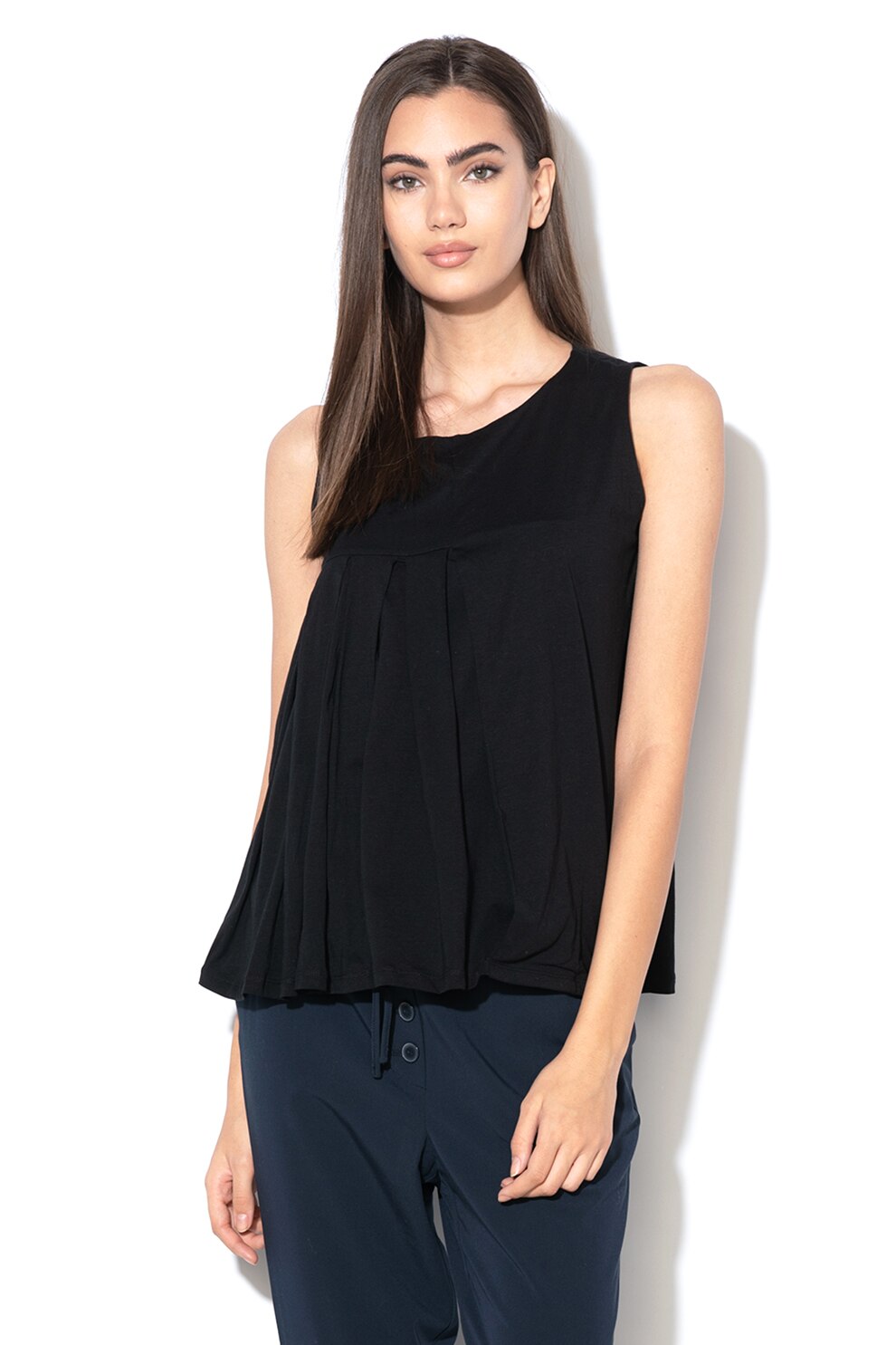 Stefanel, Top cu decolteu la baza gatului si pliuri inversate, Negru, XS