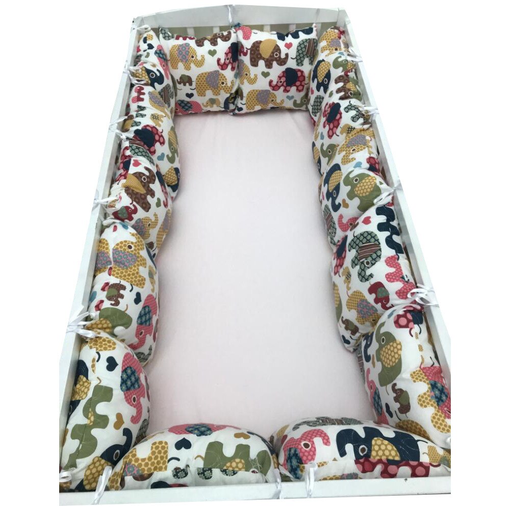 Set de 14 Pernute pufoase Deseda aparatori laterale protectii pat 120x60 cm Elefantei maro