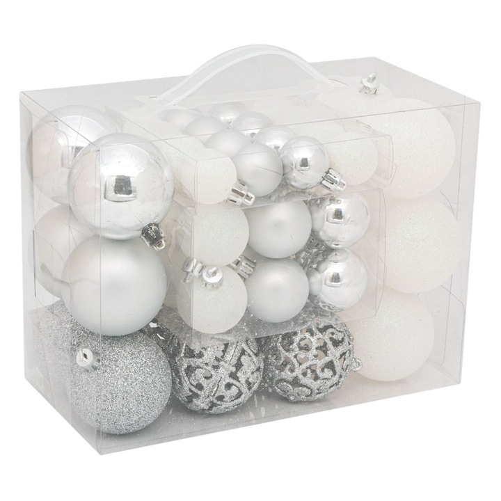 Set 50 globulete de Craciun Alb Argintiu Shopiens®, 3-4-6 cm, cu aspect mat, stralucitoare si glitter
