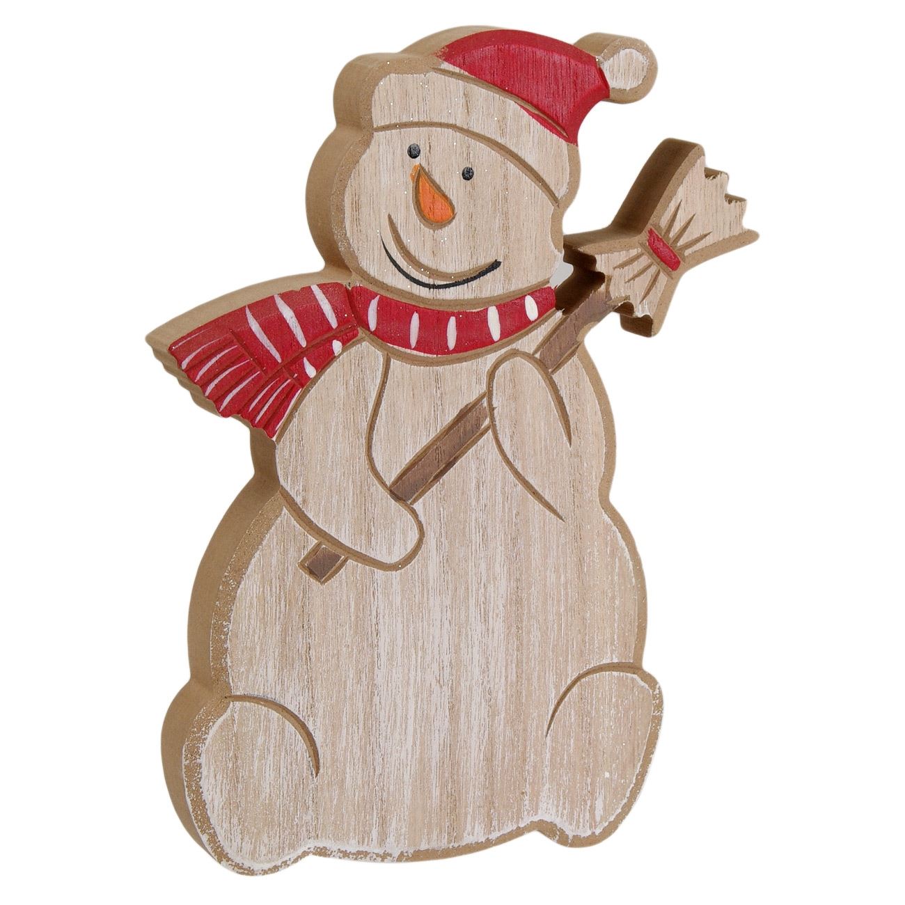Figurina decorativa, Zola®, din lemn, pentru sarbatori, model Om de Zapada cu matura, 18x5x25 cm