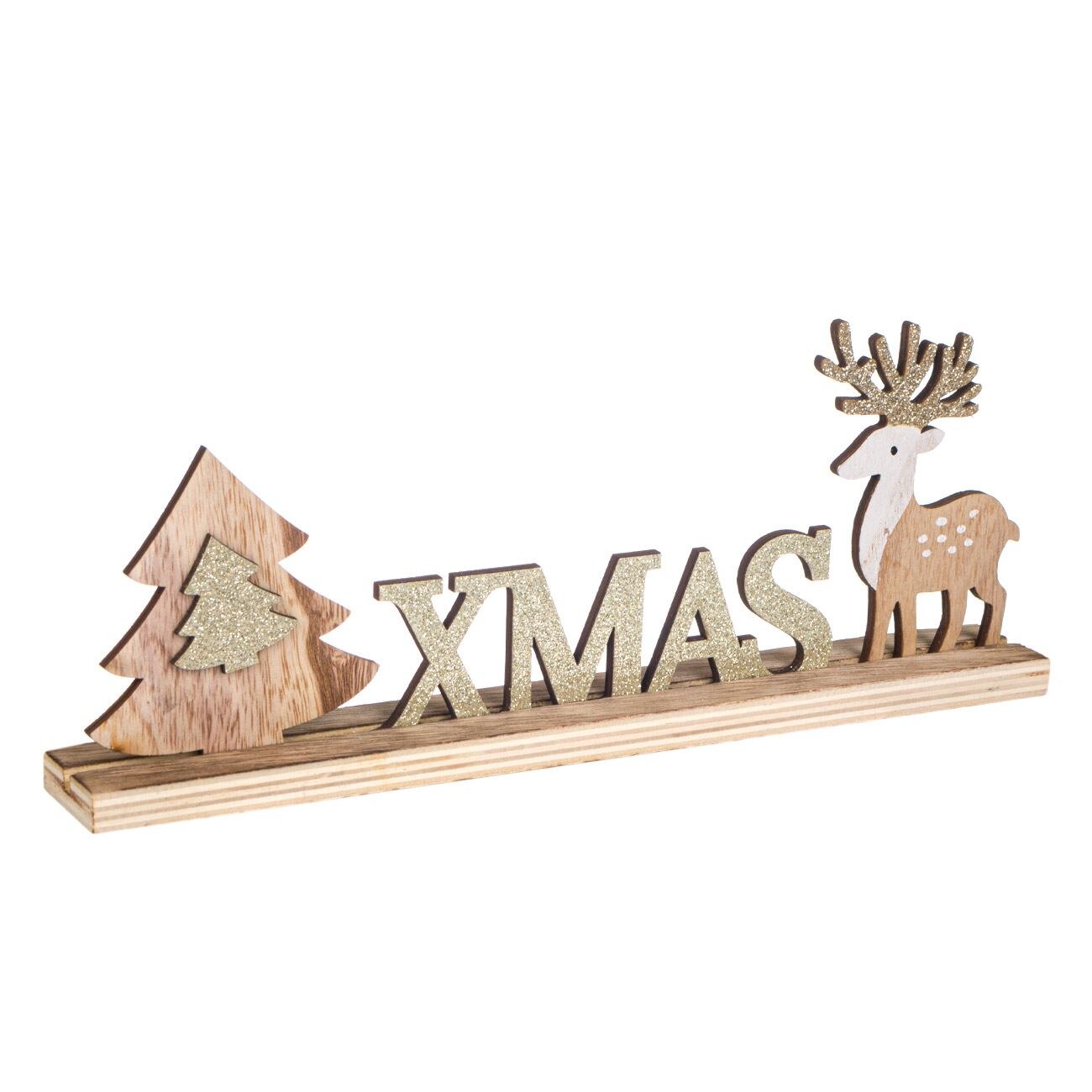 Figurina decorativa, Zola®, din lemn, pentru sarbatori, model Xmas cu bradut si ren, 30 cm