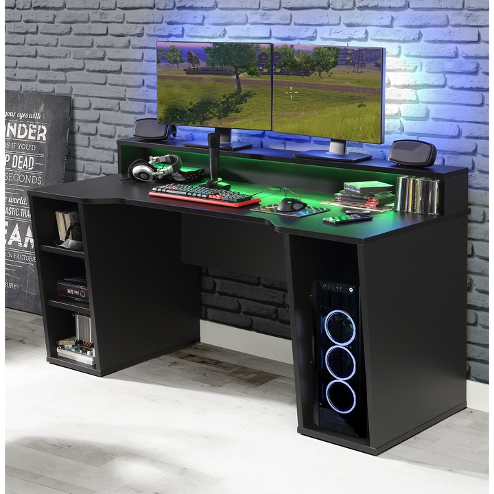Birou Kring Gaming, 160x91x72 cm, culoare negru, include LED