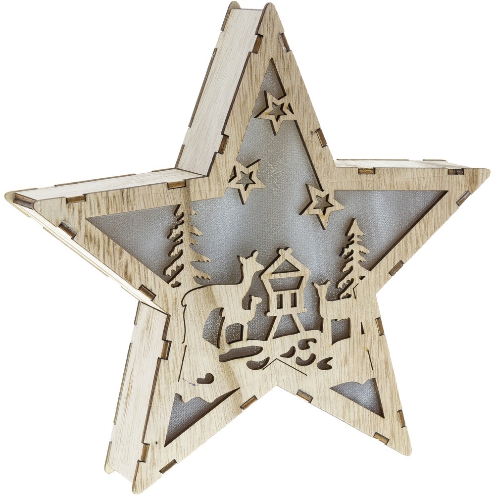 Decoratiune Retlux RXL 321, Stea de Craciun, Lemn, 6 x LED, Lumina alba calda, Crem