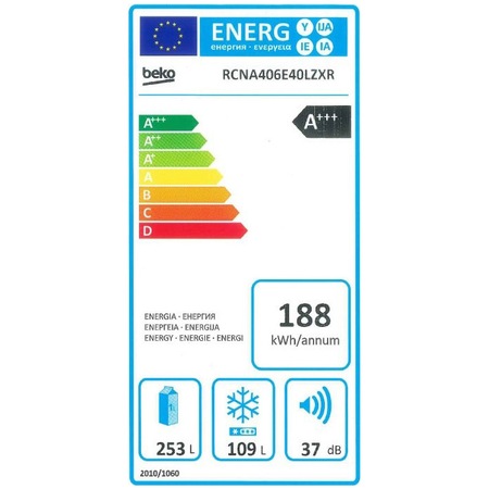 Combina frigorifica Beko RCNA406E40LZXR, 362 l, Clasa A+++, NeoFrost Dual Cooling, Kitchen Fit, Fresh Guard , 203 cm, Inox