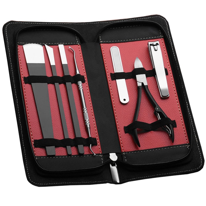 Zenifique Pedikűr készlet, 7 darabos, Rozsdamentes Acél, Fekete-Piros Tokkal