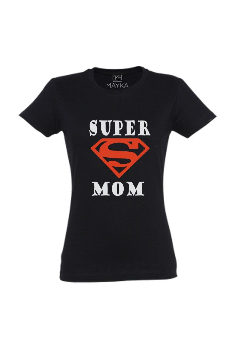 Tricou dama din bumbac 100%, MAYKA, model Super Mom, Negru