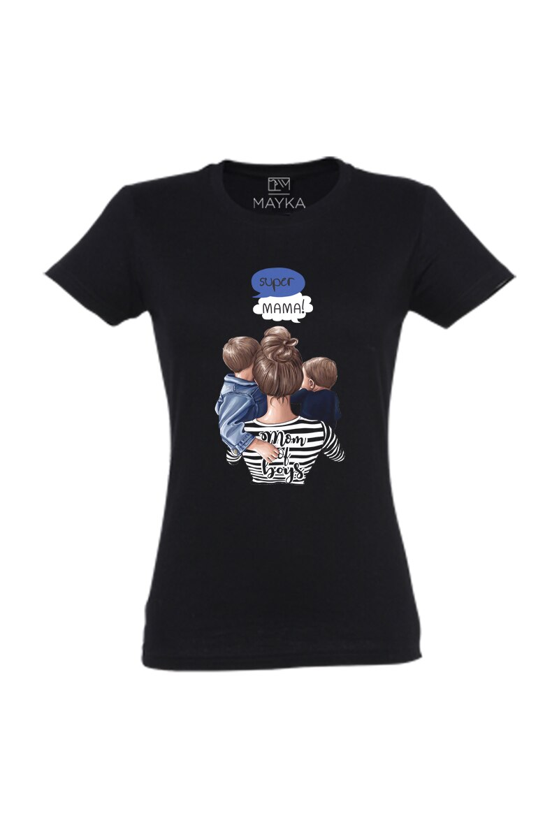 Tricou dama din bumbac 100%, MAYKA, model Mom of boys, Negru