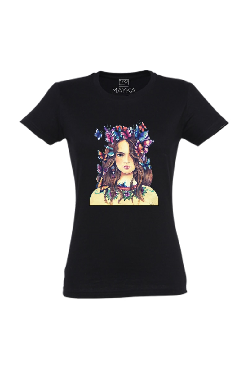 Tricou dama din bumbac 100%, MAYKA, model Fluturi in par
