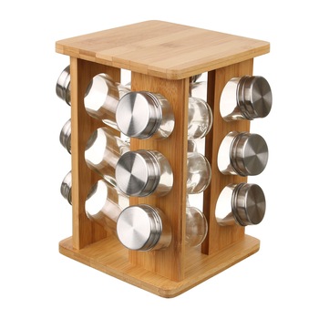 Recipiente pentru condimente cu suport rotativ din bambus,12 buc/set Recipiente pentru condimente cu suport rotativ din bambus,12 buc/set