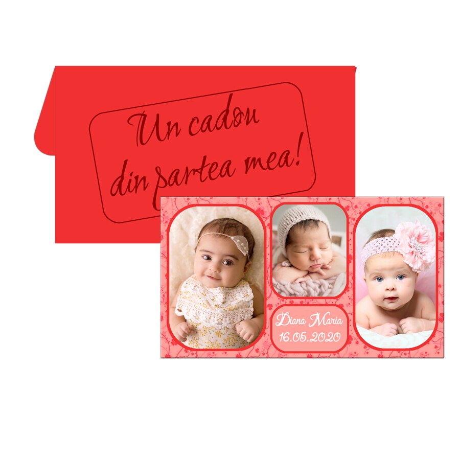 Marturii botez, magneti personalizati cu trei fotografii, dimensiune 10 cm x 5.5 cm nuanta rosie