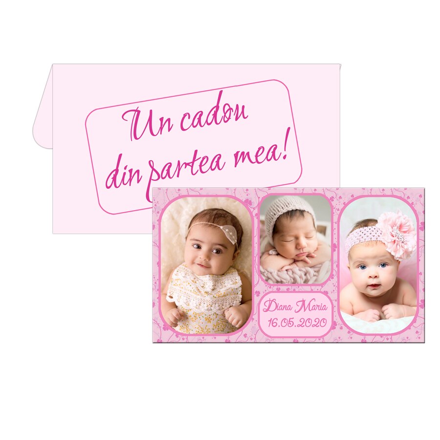 Marturii botez, magneti personalizati cu trei fotografii, dimensiune 10 cm x 5.5 cm nuanta roz