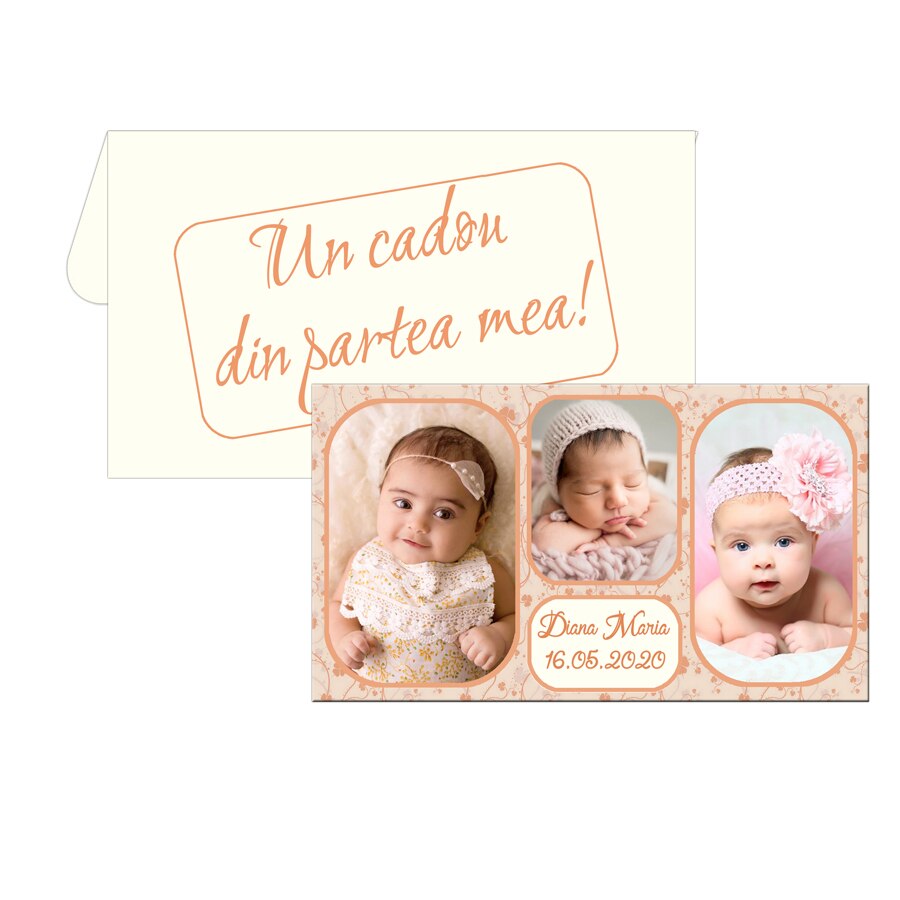 Marturii botez, magneti personalizati cu trei fotografii, dimensiune 10 cm x 5.5 cm nuanta ivoire