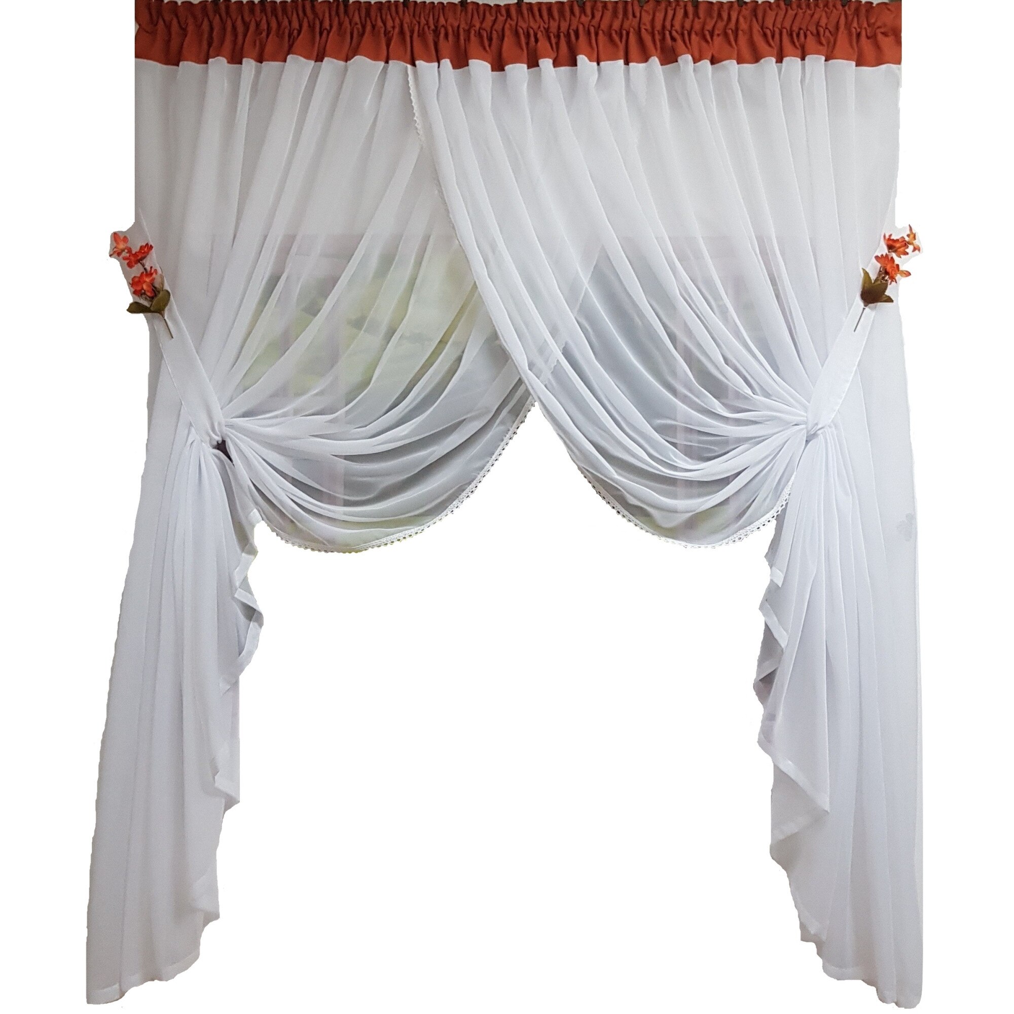 Perdea Decorint confectionata (PB.462), Alb, caramiziu, 300 x 150