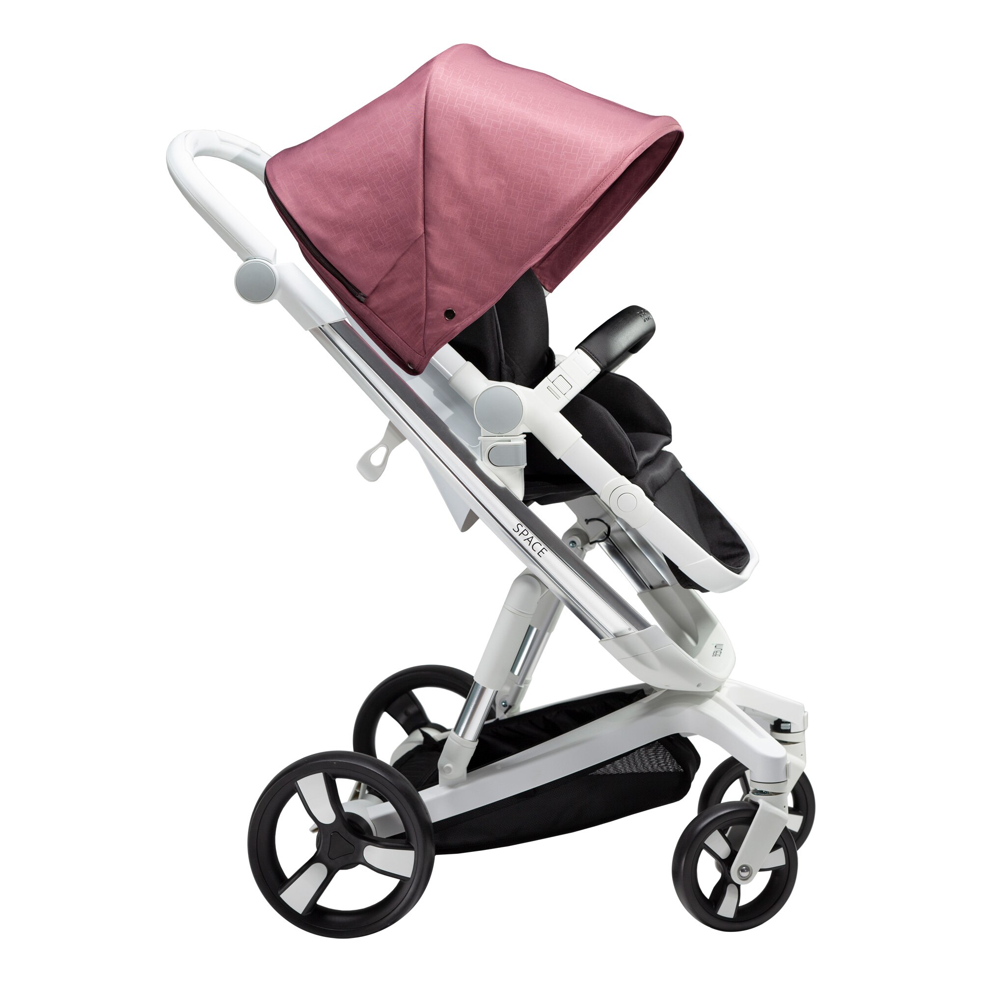 Carucior Bebumi Space, Silver Frame, Gabardine pink, cu frana automata, 2020