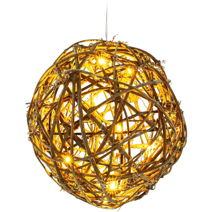 Decoratiune de Craciun Retlux, 10 LED-uri, Minge de rattan, Lumina calda